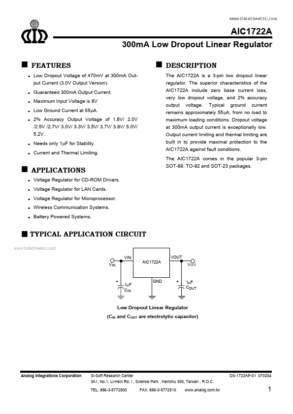 AIC1722A Analog Intergrations Corporation