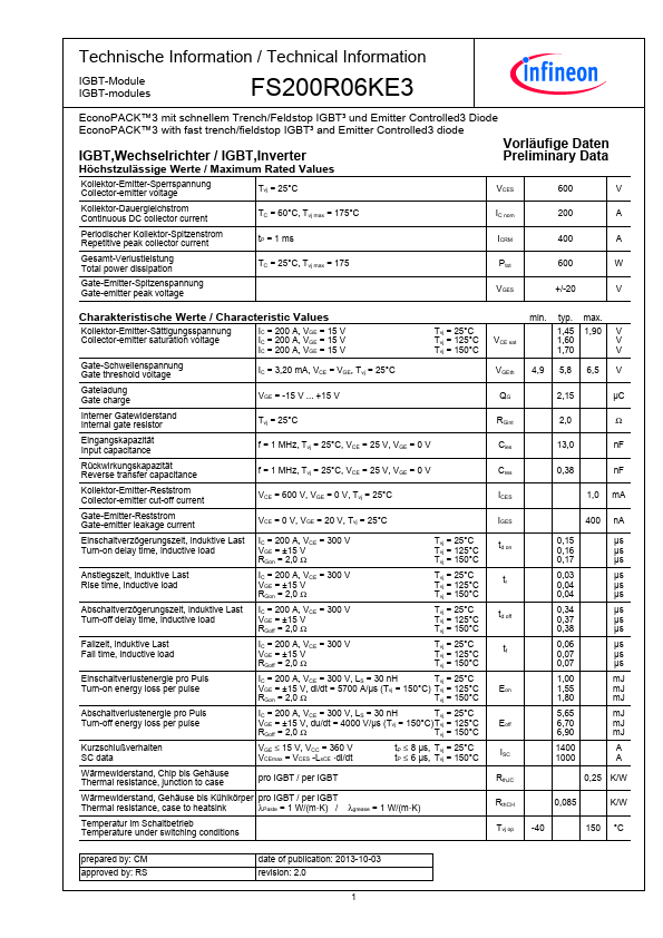 FS200R06KE3 Infineon