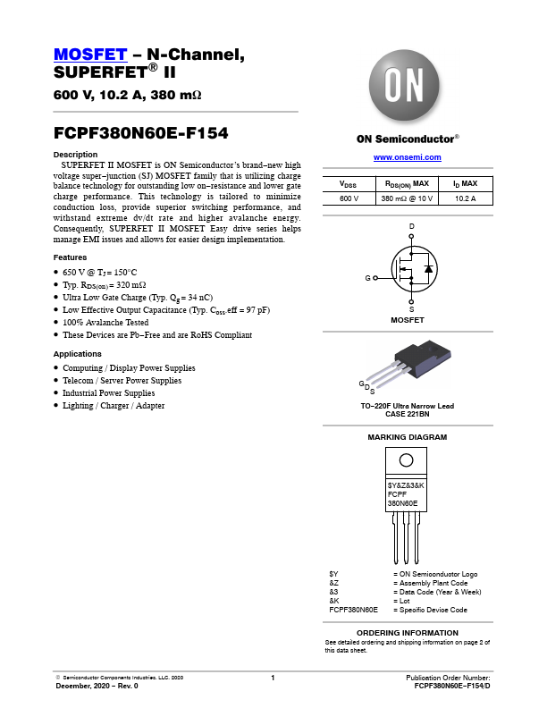 FCPF380N60E-F154 ON Semiconductor