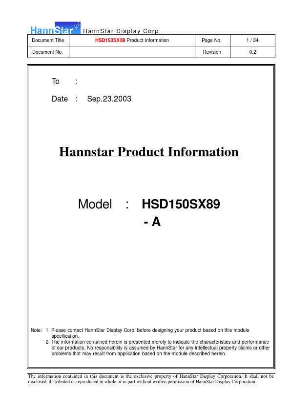 <?=HSD150SX89-A?> डेटा पत्रक पीडीएफ