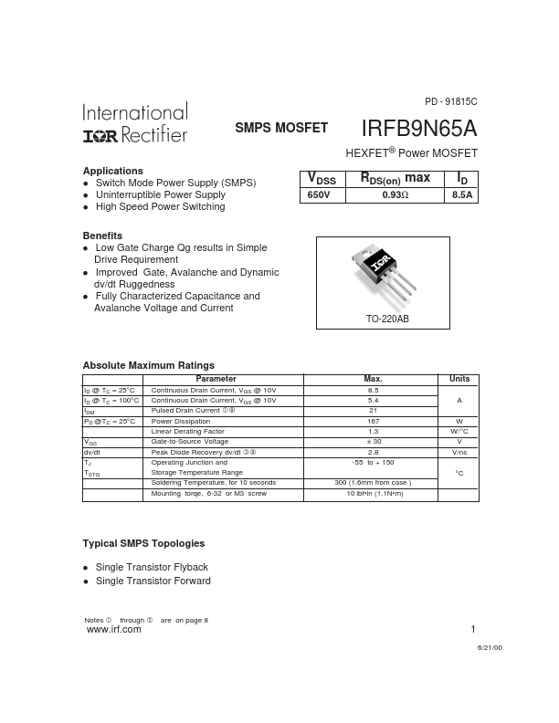 IRFB9N65A International Rectifier