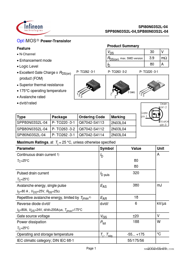 SPP80N03S2L-04 Infineon Technologies