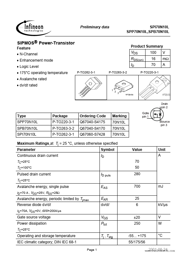 SPB70N10L Infineon Technologies