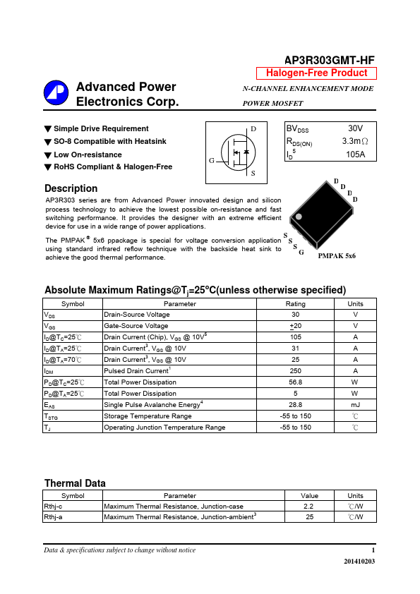 AP3R303GMT-HF Advanced Power Electronics