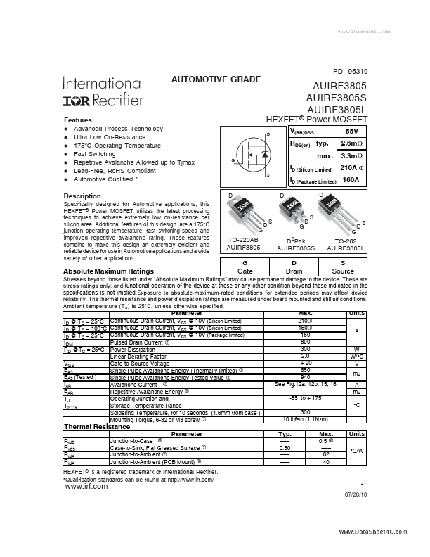 <?=AUIRF3805L?> डेटा पत्रक पीडीएफ