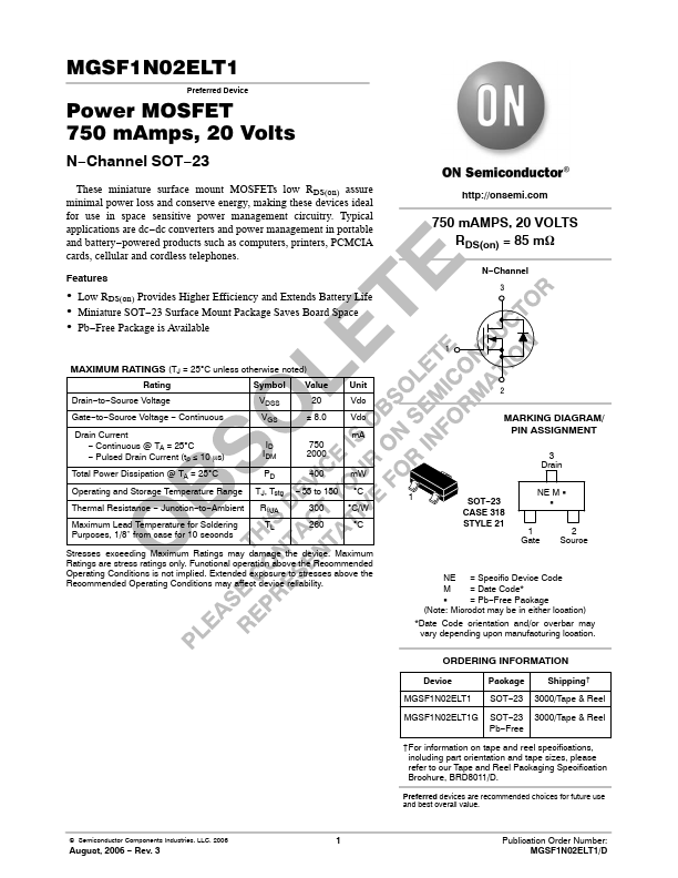 MGSF1N02ELT1 ON Semiconductor