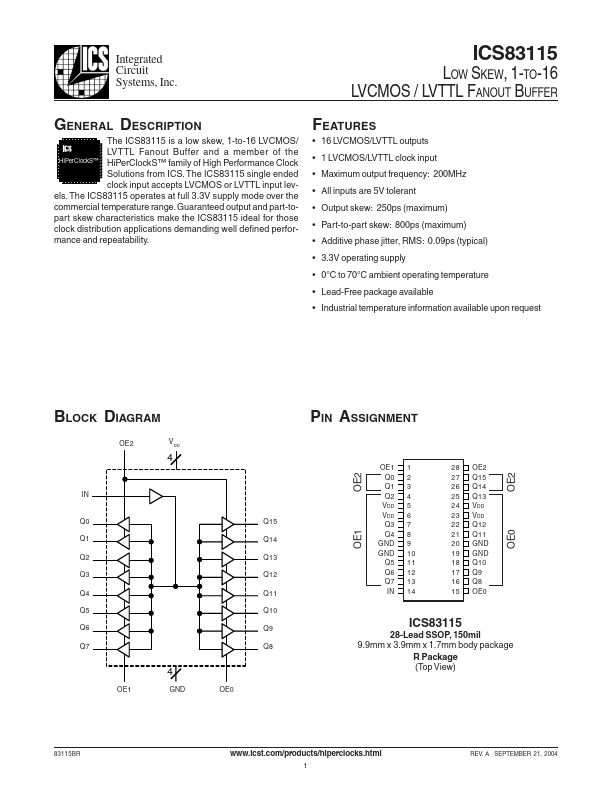 ICS83115BRLFT Integrated Circuit Systems
