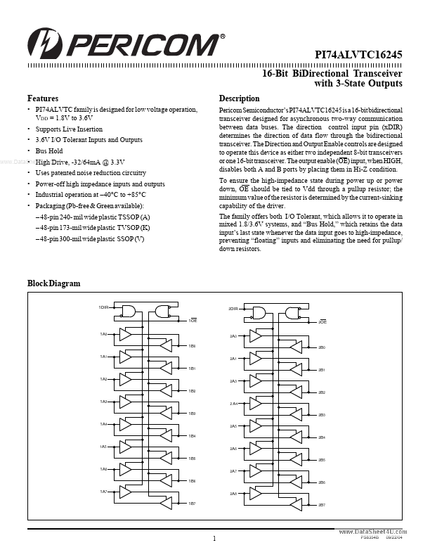 <?=PI74ALVTC16245?> डेटा पत्रक पीडीएफ