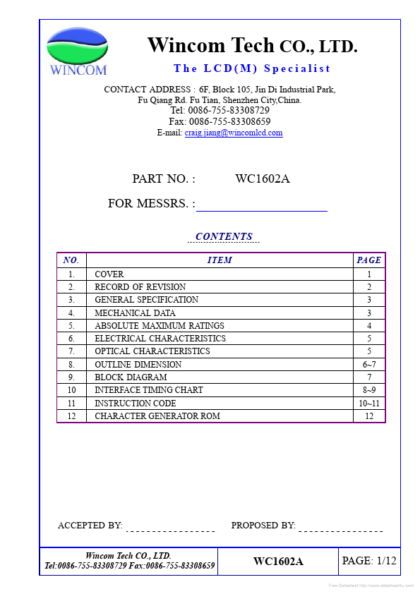 <?=WC1602A?> डेटा पत्रक पीडीएफ