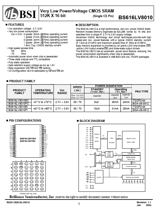 BS616LV8010 Brilliance Semiconductor