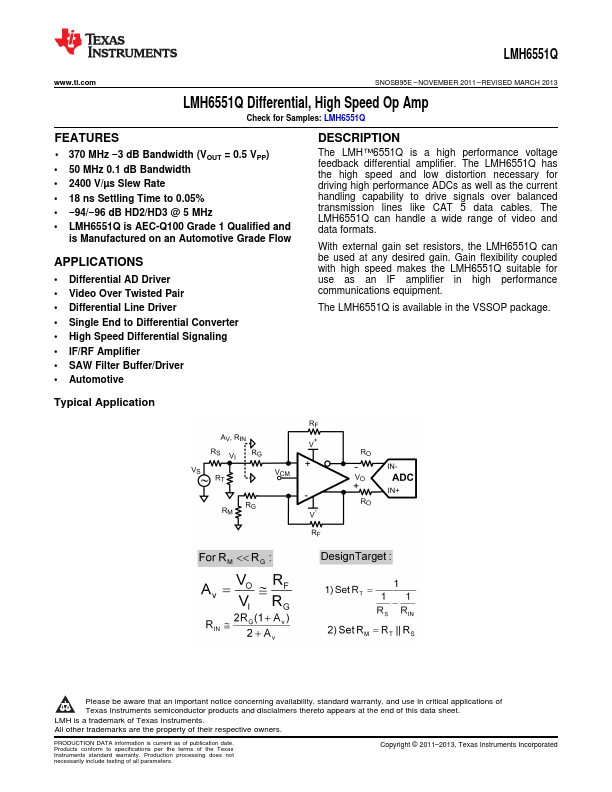 <?=LMH6551Q?> डेटा पत्रक पीडीएफ