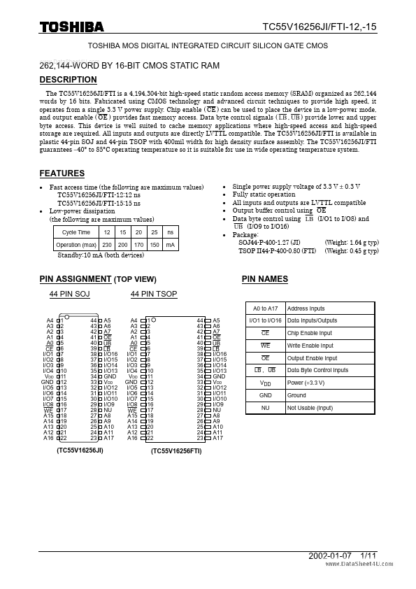 <?=TC55V16256FTI-15?> डेटा पत्रक पीडीएफ