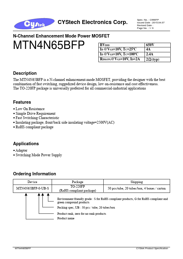 MTN4N65BFP Cystech Electonics
