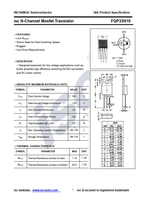 FQP33N10 Inchange Semiconductor