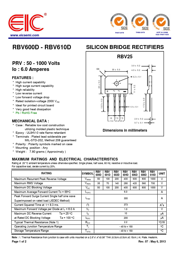 RBV601D EIC discrete Semiconductors