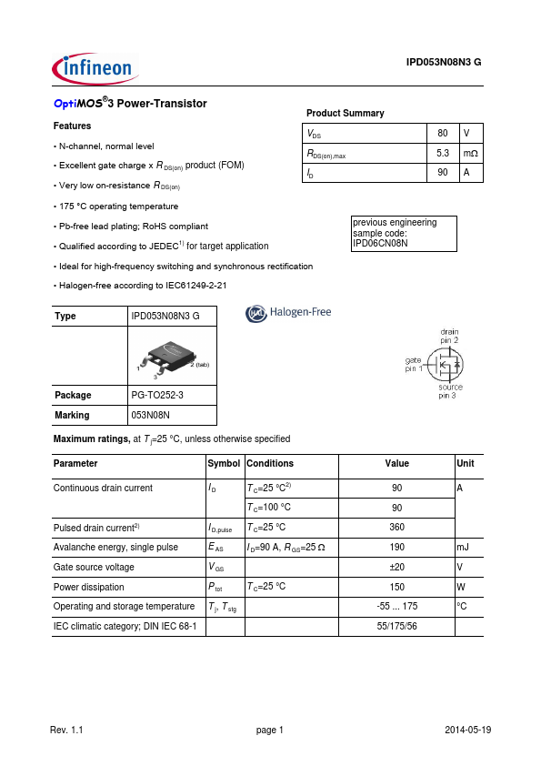 IPD053N08N3G Infineon Technologies