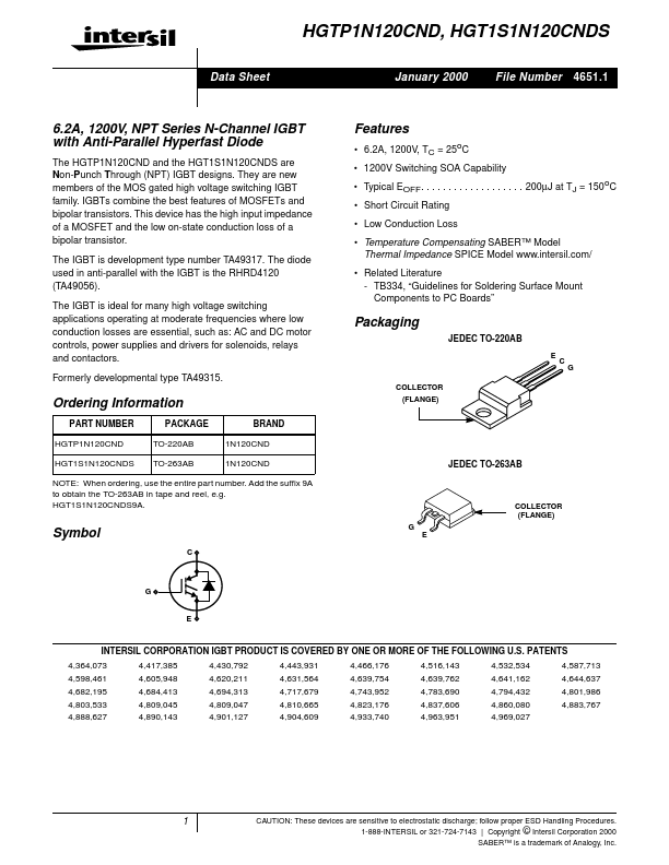 HGTP1N120CND Intersil Corporation