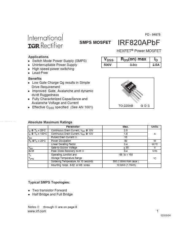 IRF820APBF International Rectifier