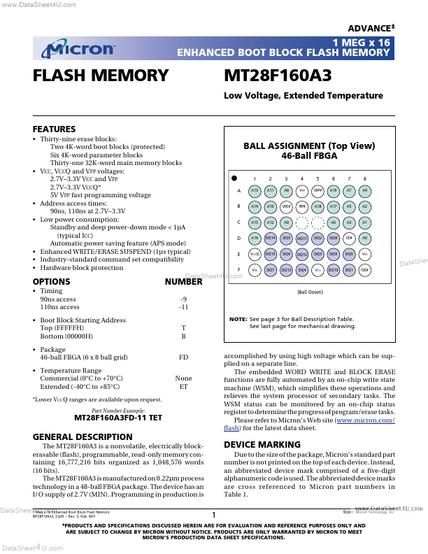 <?=MT28F160A3?> डेटा पत्रक पीडीएफ