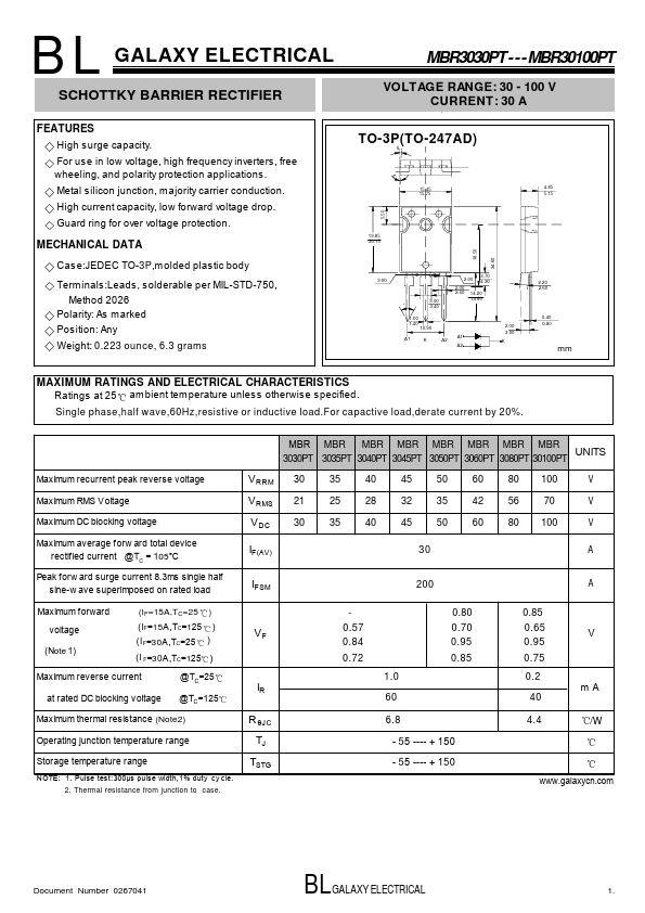 MBR3080PT GALAXY ELECTRICAL