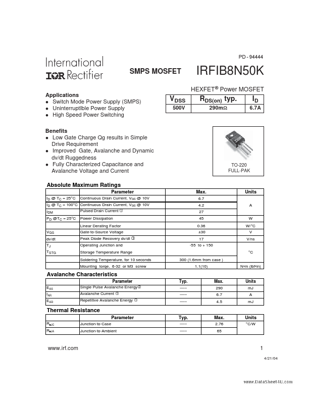 <?=IRFIB8N50K?> डेटा पत्रक पीडीएफ