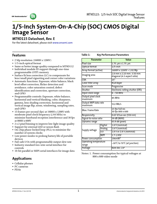 MT9D115 ON Semiconductor