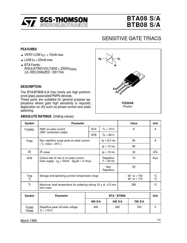 BTB08-700A ST Microelectronics