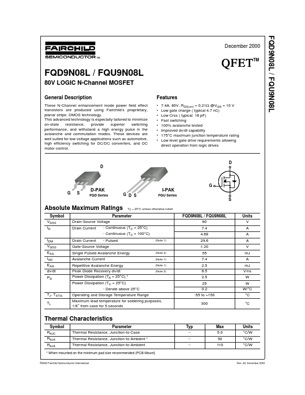 FQU9N08L Fairchild Semiconductor