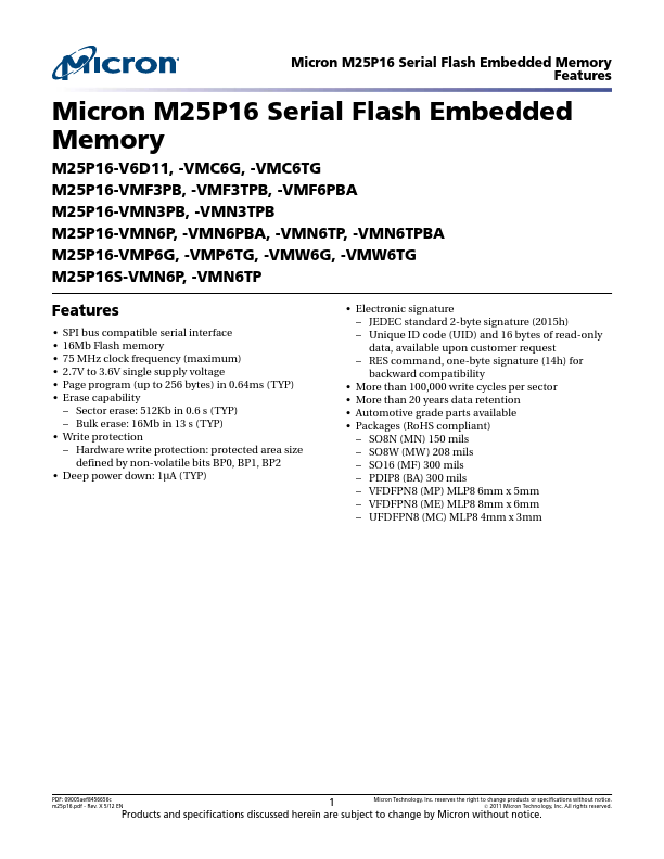 M25P16S-VMN6P Micron