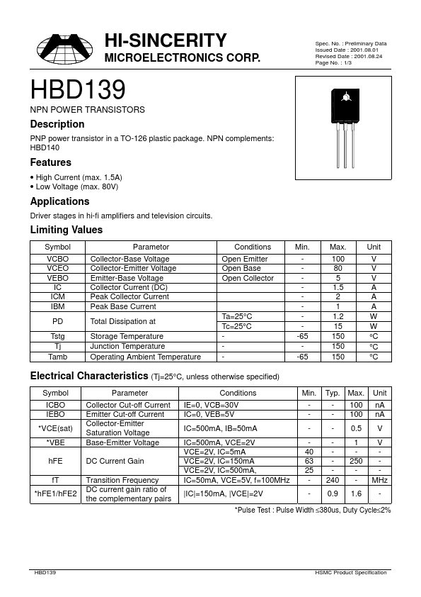 HBD139 Hi-Sincerity Mocroelectronics