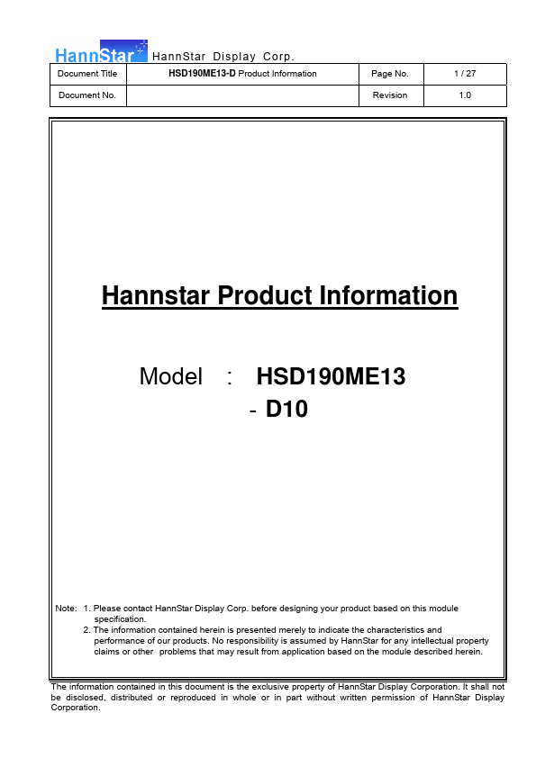 <?=HSD190ME13-D10?> डेटा पत्रक पीडीएफ