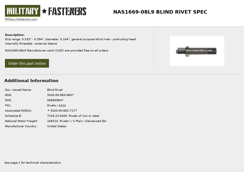 NAS1669-08L9 Military Fasteners