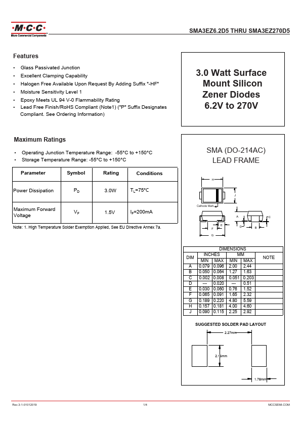 <?=SMA3EZ220D5?> डेटा पत्रक पीडीएफ