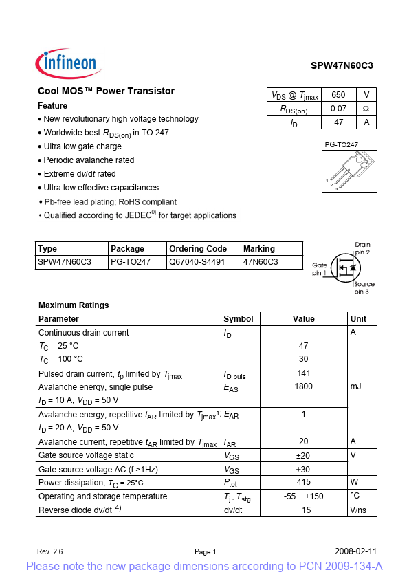 SPW47N60C3 Infineon Technologies