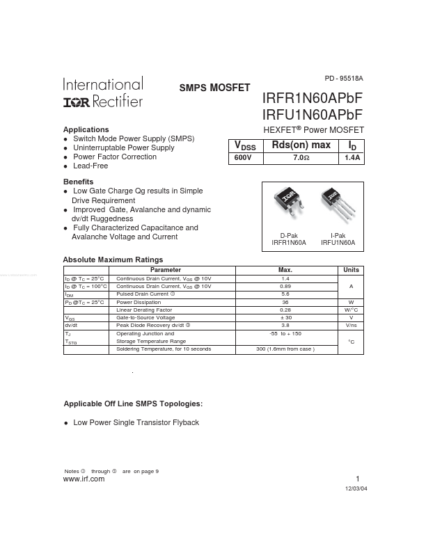 IRFU1N60APBF International Rectifier