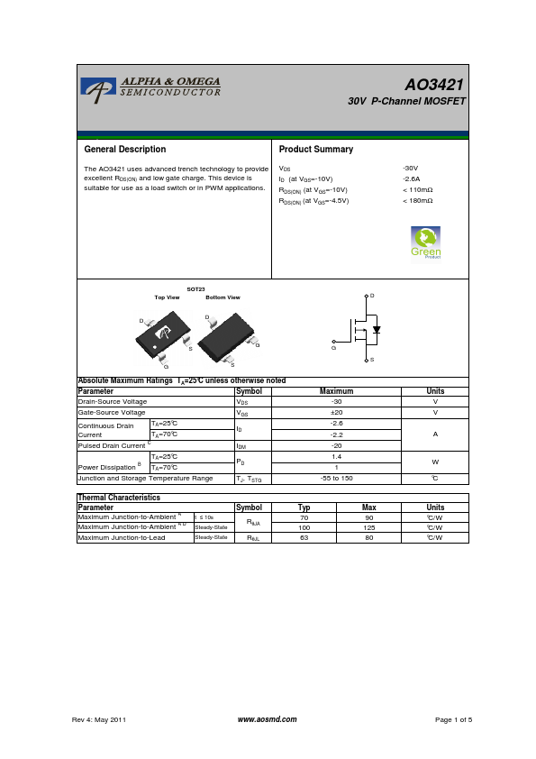AO3421 Alpha & Omega Semiconductors