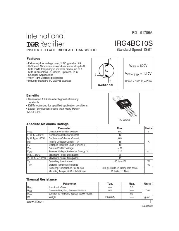 <?=IRG4BC10S?> डेटा पत्रक पीडीएफ