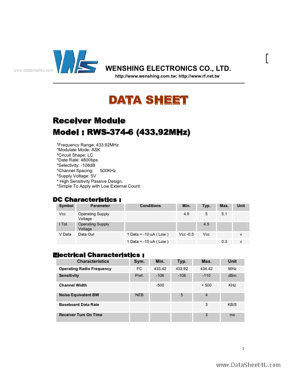 <?=RWS-374-6?> डेटा पत्रक पीडीएफ