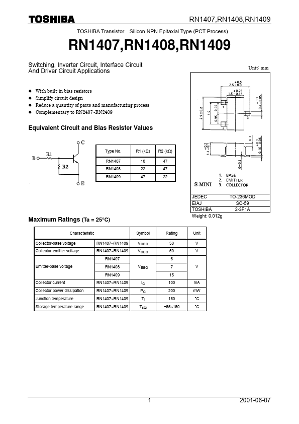 RN1408 Toshiba Semiconductor