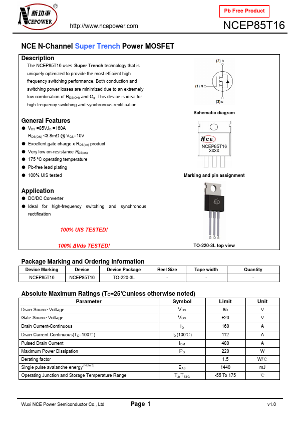 NCEP85T16 NCE Power Semiconductor