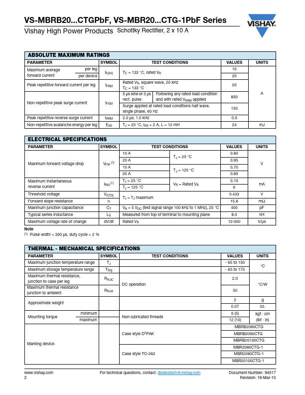 VS-MBR20100CTG-1PbF