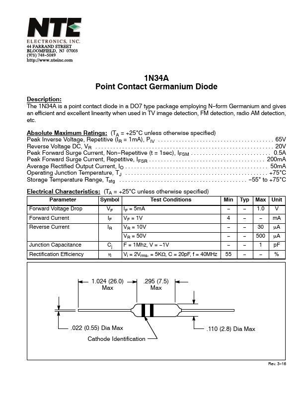1N34A Diode Datasheet pdf - Germanium Diode. Equivalent, Catalog
