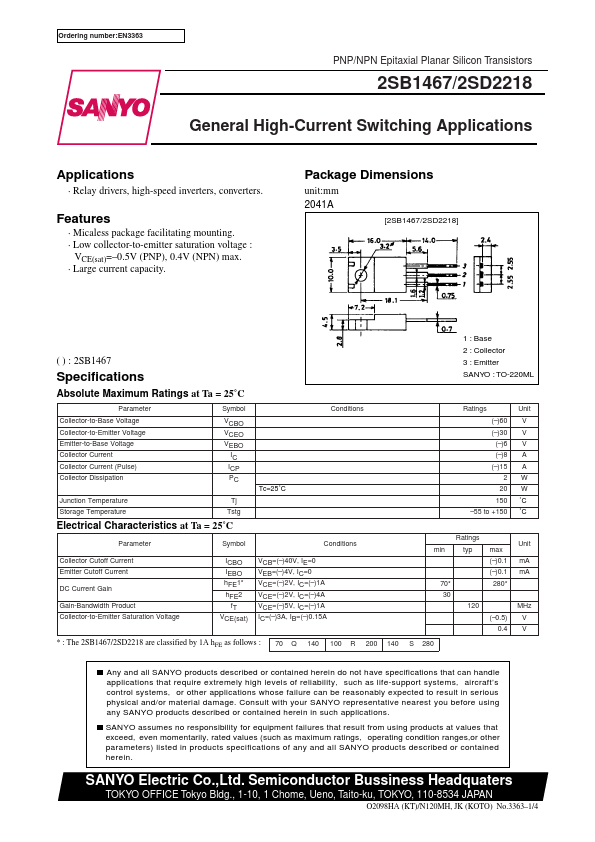 2SB1467 Sanyo Semicon Device