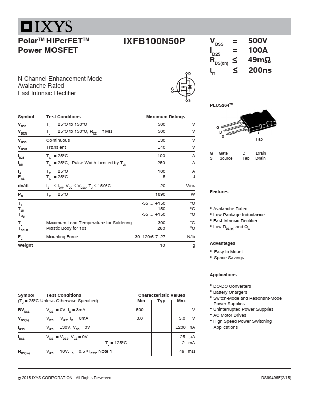 IXFB100N50P