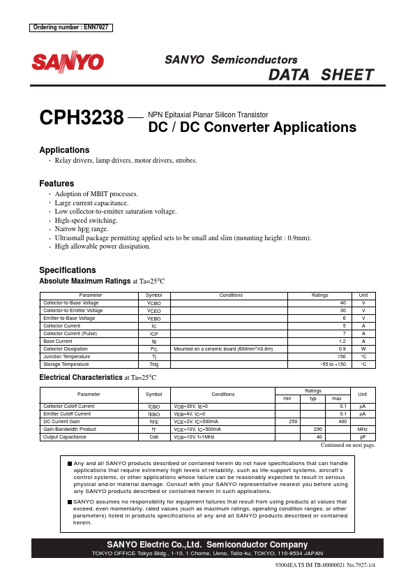 CPH3238 Sanyo Semicon Device