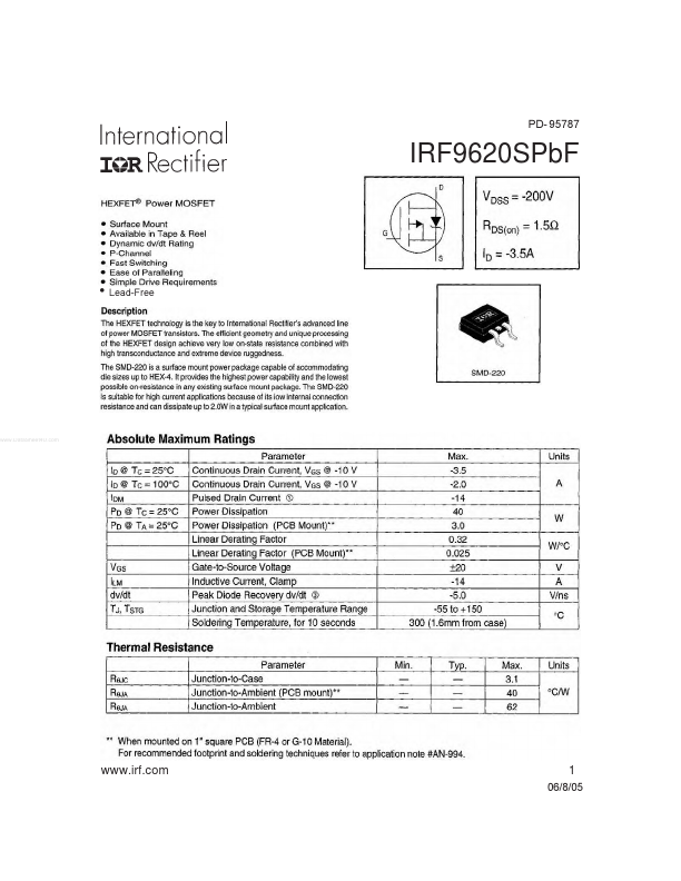 IRF9620SPBF International Rectifier