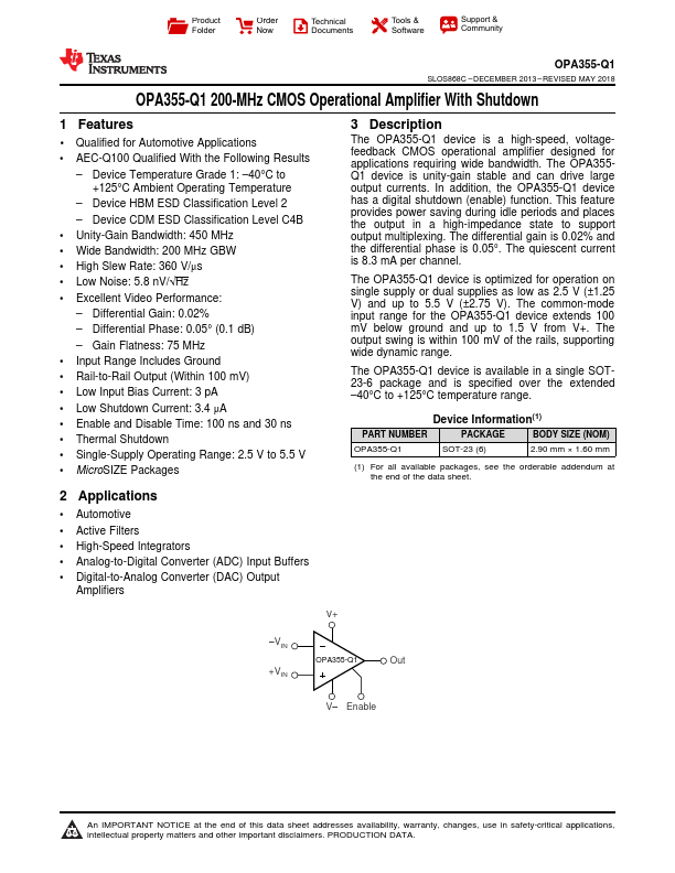 <?=OPA355-Q1?> डेटा पत्रक पीडीएफ