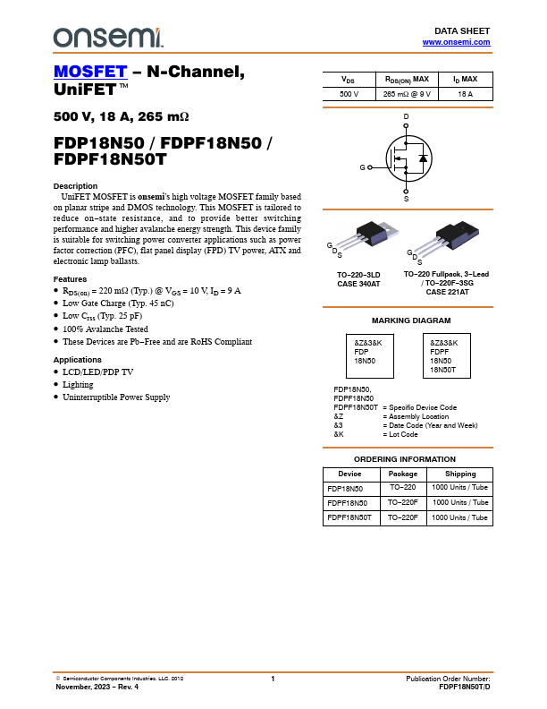 FDPF18N50 ON Semiconductor