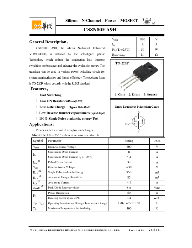 CS8N80FA9H Huajing Microelectronics