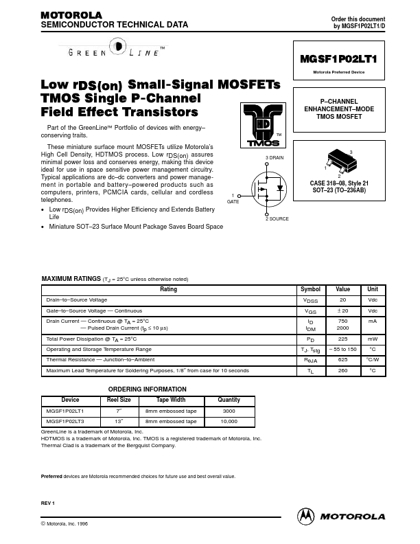 MGSF1P02LT1 Motorola